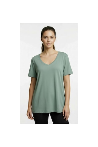 Lyvean V Yaka Oversıze Kısa Kollu Tshirt Yosun Yeşili