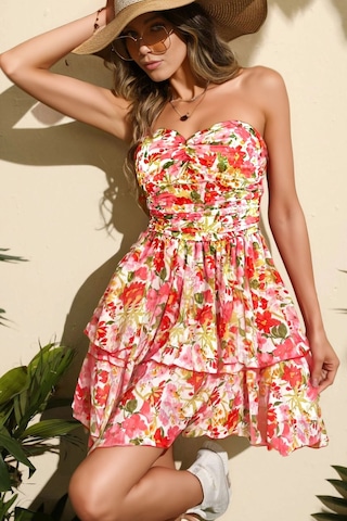 Fashion Cocktail Minik Çiçekli Gizli Sırt Fermuarlı Astarlı Straples Uçuşan Şifon Trendy Gece Elbisesi Ekru