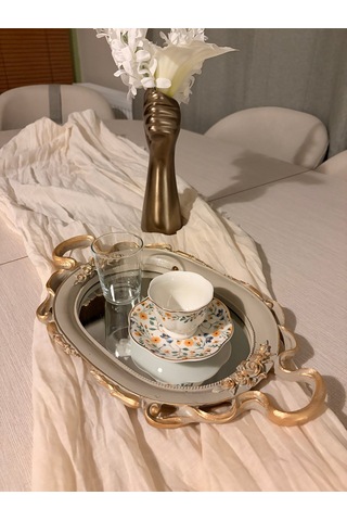 Küçük Oval Aynalı Kulplu Dekoratif Tepsi Vizon & Altın Varaklı 37x21 Cm