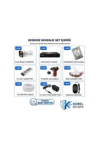 Korel Bilişim 6 Kameralı 6 Ledli 5 Mp Sony Lensli Gece Renkli Güvenlik Kamerası Seti 1000 Gb Hdd