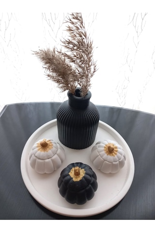 Tabakta 3'lü Mini Balkabağı Vazo Dekoratif Beyaz Siyah Set 03