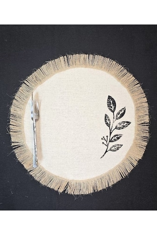 %100 Pamuklu Ham Keten Hasır Püsküllü Yaprak Taş Baskı 6' Lı Amerikan Servisi Supla Yuvarlak 40cm Naturel