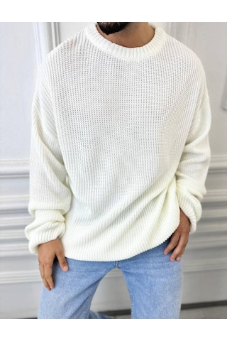 Kazak Oversize Çift Kat Örme Naturel Pamuk Bol Kesim Tüylenmeyen Salaş Triko Kazak Beyaz