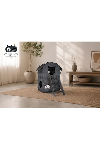 Keçe Kedi Evi Demonte, Yıkanabilir, Taşınabilir Kedi Kulübesi Dubleks Gri