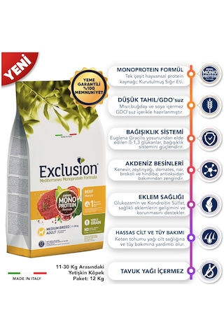 Exclusion Monoprotein Düşük Tahıllı Sığır Etli ve Narlı Orta Irk Yetişkin Köpek Maması 12 KG