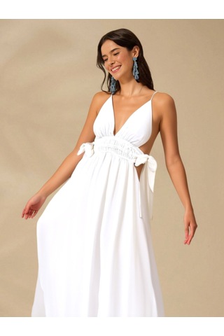 Fashion Cocktail İp Bağlama Askılı Yan Dekolteli Bağcık Fiyonk Pamuklu Maxi Uzun Tatil Beach Yazlık Elbise Beyaz