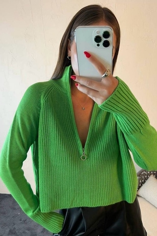 Balenbi Kadın Fermuarlı Balıkçı Yaka Crop Oversize Triko Kazak 1029 Yeşil
