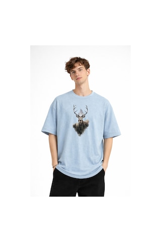 Misa Tahtakale Deer - Oversize Erkek Tişört Bebek Mavisi Çok Renkli