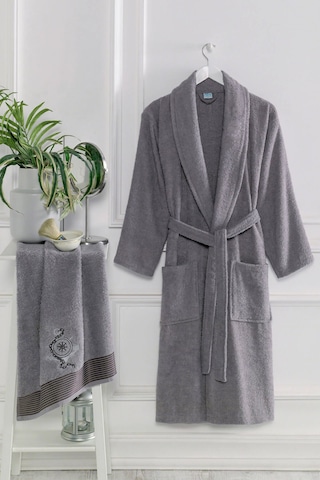 Şalyaka Kadın Erkek Pamuklu Havlulu Banyo Bornoz Takımı Gri