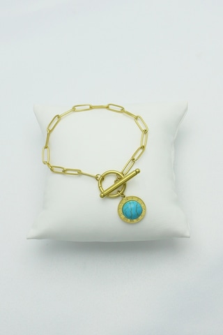 Altın Kaplama Seri Kararmaz Turkuaz Taşlı Roma Rakamlı Çeli Gold Altın