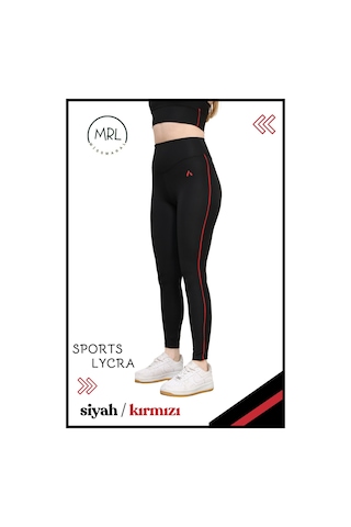 Kadın Yüksek Bel Toparlayıcı Spor Tayt Siyah / Kırmızı Şerit Detaylı Lycralı Dalgıç 1041 Siyah Kırmızı
