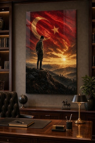 Atatürk Ve Türk Bayrağı Baskılı Cam Tablo Uv Baskı Milli Dekoratif Duvar Tablosu