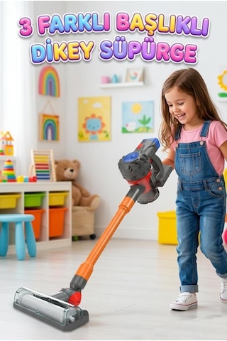 İlk Dikey Süpürgem Gerçekci Vakum Yapan Pilli Sesli 3 Farklı Başlıklı 70cm Oyuncak Dikey Süpürge 1