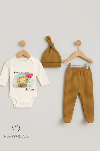 Babyden's Teyzesinin Aslanı 3 Lü Bebek Takımı %100 Pamuk Fitilli Kumaş Uzun Kollu Zıbın, Patikli Alt, Bere Set Açık Kahverengi