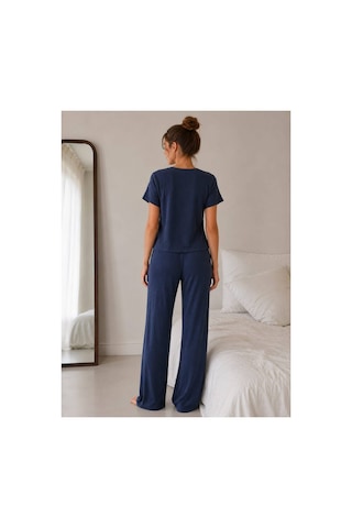 Pijamask Kadın Lacivert Kısa Kollu Uzun Pantolonlu Pijama Takımı Rahat Ev Giyim Uyku Takımı Lacivert