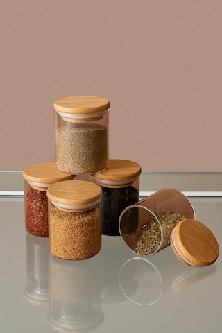 6'lı Borosilikat Cam Baharatlık Seti - Sızdırmaz Silikonlu Bambu Kapak - 70 X100-300 Ml X6 Beyaz