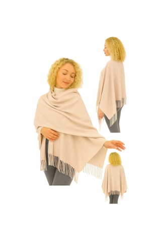 1 Adet Kadın Büyük Bedene Uygun Ekstra Yumuşak Dokulu Püskül Detaylı Kışlık Atkı Omuz Şalı Açık Bej