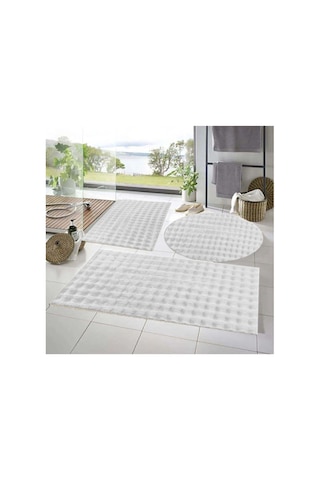 Raschel Carpet Balat Halı 3'lü Kaymaz Taban Bubble Peluş Banyo Paspası Beyaz 50x50 Yuvarlak -50x50 Ve 50x70 Beyaz