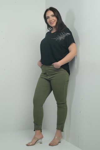 By Saygı Kadın Dar Paça Taş Ve Püskül Detaylı Likralı Büyük Beden Kanvas Pantolon-40847 Haki