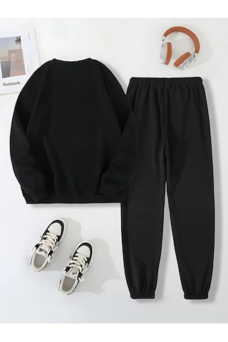 Düz Kalın Kışlık Eşofman Takımı - Siyah Sweatshirt Jogger Oversize Sıfır Yaka Siyah