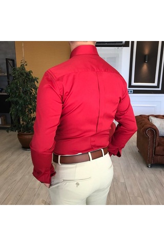 Italyan Stil Slim Fit Dik Yaka Saten Erkek Kırmızı Gömlek T4113