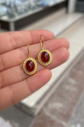 Gümüş Sallantılı Akik Taşlı Altın Kaplama Küpe Hs853b2 Sarı