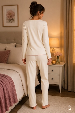 Koza İç Giyim Kadın Soft Touch Fitilli Kalp Detaylı Uzun Kollu Pijama Takımı Kk70640 Ekru
