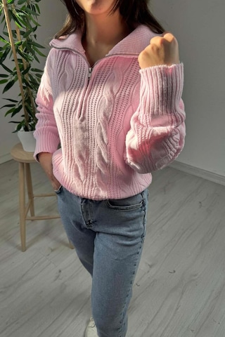 Explode - Kadın Pembe Fermuarlı Yaka Oversize Örgülü Triko Kazak Pembe