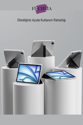 İpad Air 13 İnç 2025 M3 Çip Uyumlu Kalem Bölmeli Standlı Akıllı Fuchsia Trifolding Tablet Kılıfı Kapaklı Kılıf