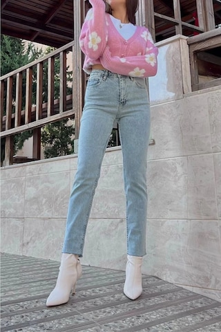 Buz Mavisi Mom Fit Jeans Boyfriend Yüksek Bel Pantolon Buz Mavisi