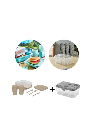 Piev Urve 6 Kişilik Kamp Seyahat Piknik Seti ve Çay Bardak Taşıma Aparatı Kabı Cappuccino