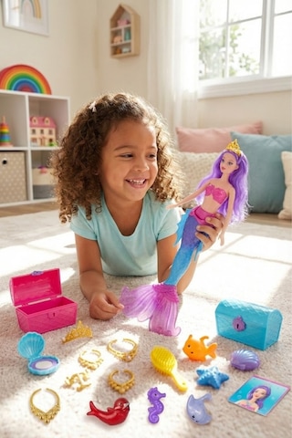 Sasha Deniz Kızı Oyuncak Bebek - Aksesuarlı, Taraklı, Hazine Sandıklı Büyük Set 40 Cm Mor