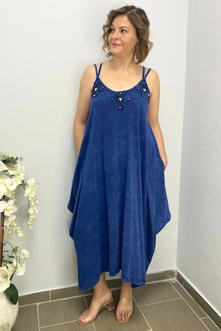 Mia Butik Büyük Beden Lacivert Pamuklu Şalvar Kesim Çiçekli Elbise Lacivert