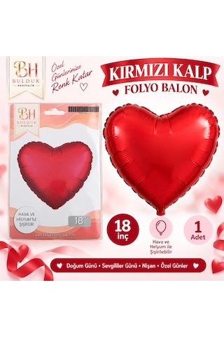 Kırmızı Kalp Folyo Balon 18 İnç Helyum Ve Hava İle Şişirilebilir