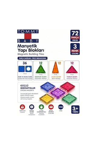 Manyetik Yapı Blokları Çocuklar İçin Renkli 3 Boyutlu 72 Parça Manyetik Oyun Seti