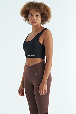 Tommy Life Siyah Yazı Baskılı Renk Bloklu Dar Kalıp Dalgıç Kumaş Kadın Büstiyer - 97271 Siyah