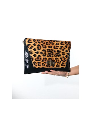 Maorı Siyah Sarı Desenli Rugan Kadın Clutch Çanta Leopar