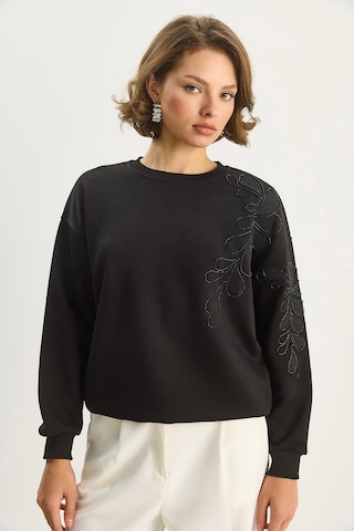 Shade Kadın Bisiklet Yaka Çiçek Nakış Ve Boncuk İşlemeli Sweatshirt 1562 60283633 - Siyah