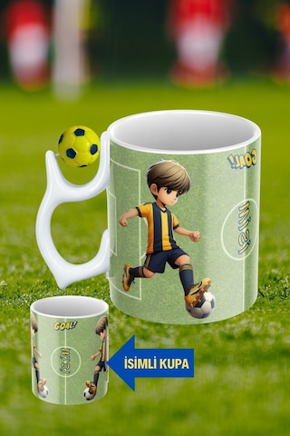 Sarı Lacivert Futbol Toplu Sarı Lacivert Forma Oyunculu Taraftar İsimli Baskılı Kupa Bardak Beyaz