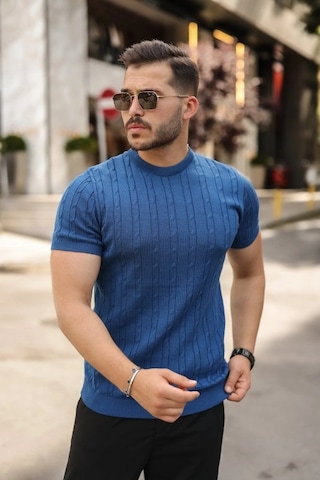 Valensdesign Erkek Örgü Desen Bisiklet Yaka Triko Tişört - %100 Pamuk Akrilik Saks