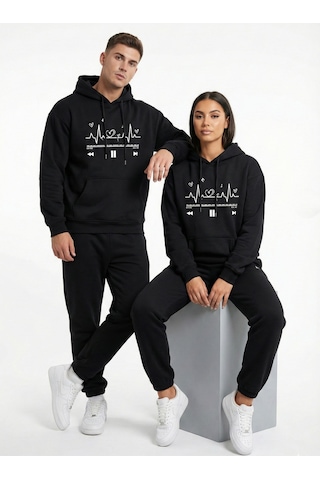 Nevermind Unisex Oversize Kalp Ritmi Baskılı Çift Hoodie Siyah