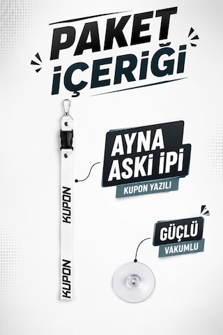 Kupon Yazılı Ayna Askı İpi Vantuzlu Araç Dikiz Aynası Dekor Askısı Beyaz Kupon Yazılı Beyaz