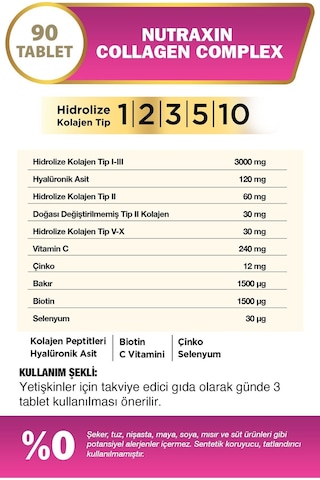 Nutraxin Collagen Beauty Complex 90 Tbl - Hidrolize Tip 1, 2, 3, 5, 10, Biotin, Zinc, Bakır, Hya, Selenyum
