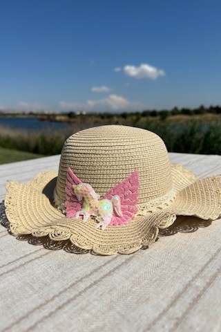 Mollycrush Yazlık Kız Çocuk Hediye Hasır Şapka Çanta Set Unicorn Model Güneş Koruyucu Bej Rengi Plaj Kombini Bejj2