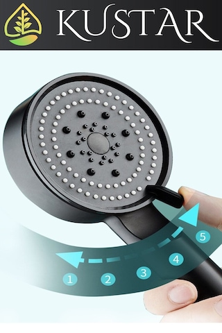 Kustar 5 Fonksiyonlu Spray Modlu Siyah Duş Başlığı Yumuşak Soft Akış Modlu Duş Başlığı Siyah