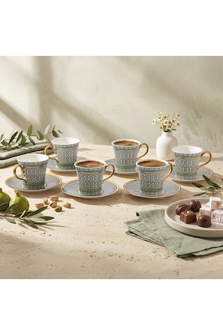 Aryıldız Kingham 12 Parça 6 Kişilik Kahve Fincan Takımı Yeşil 90 Ml Çok Renkli