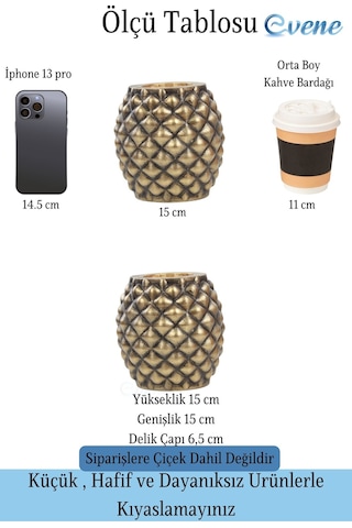 Saksı Çiçek Kaktüs Saksısı Lüx 15 cm Altın Eskitme Varak Boyalı Ananas Desen Saksı Çiçeklik