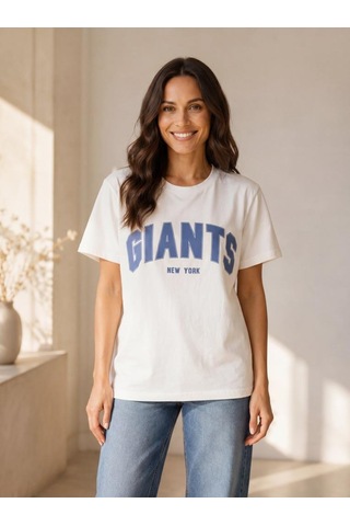 Nealirsanall.com Kadın Beyaz Giants New York Baskılı Oversize T-shirt - Kolej Tişörtü Ekru