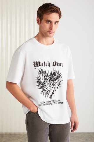 Grimelange Clıent Erkek %100 Organik Pamuklu Regular Fit Baskı Detaylı Bisiklet Yaka Örme Beyaz T-shirt