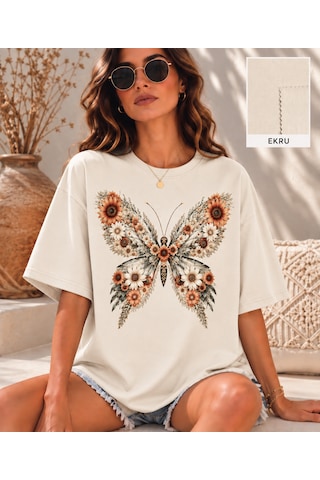 Velaura Studio Çiçekli Kelebek Kadın T-shirt Ekru Velaura Studio Çiçekli Kelebek Kadın T-shirt Ekru